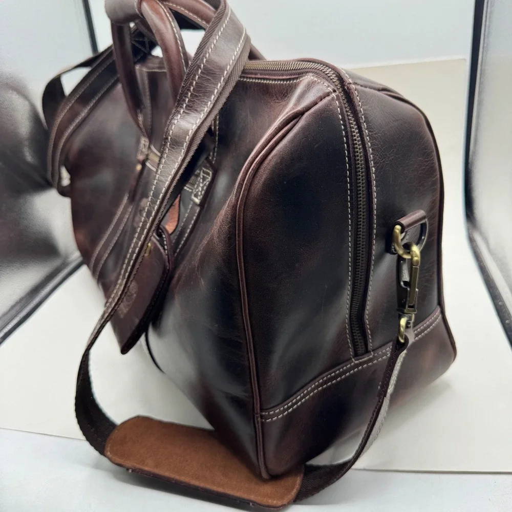 Rustic Town Leather Duffel Bag Dark Brown Weekender Travel Carry On Luggage Tag